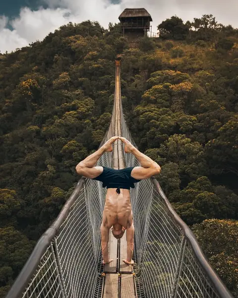 image by aloyoga containing Bridge, Sky, Suspension bridge, Tree, Photography