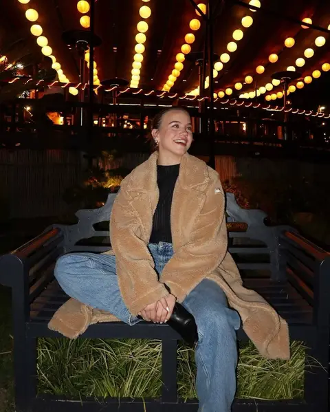 image by emmabrooks containing sit, bench, woman, smile, fur coat