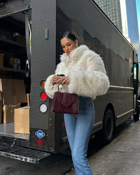 image by naraaziza containing woman, white, fur coat, jeans, truck