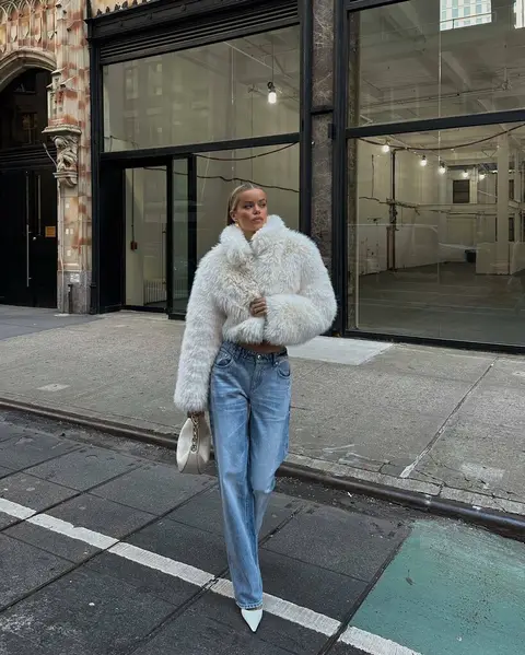 image by frida_aasen containing white, fur coat, jeans, woman, wear