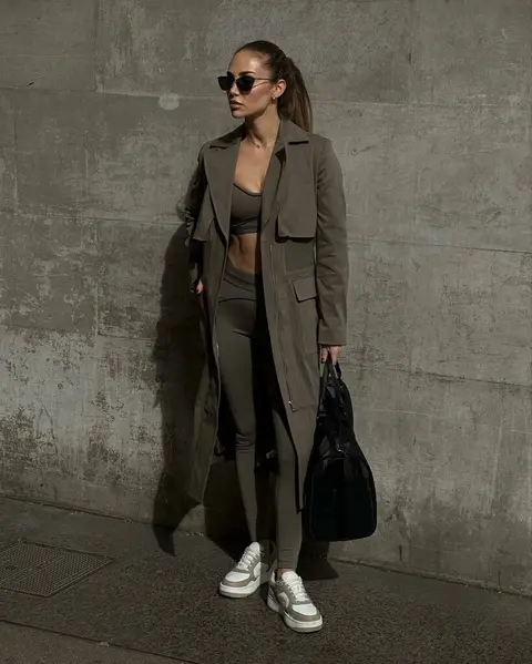 image by abrilraluy containing woman, sunglasses, trench coat, coat, stand