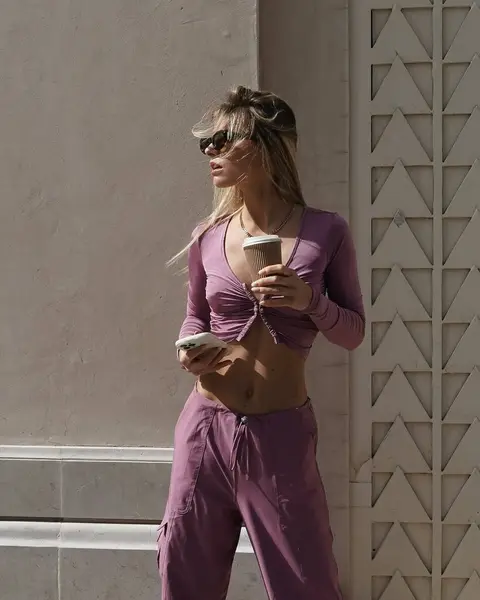 image by debiflue containing woman, coffee, purple, coffee cup, pant