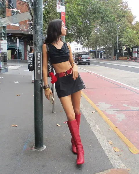 image by elisha__h containing woman, boot, stand, red, dress
