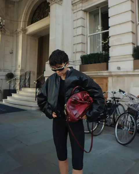 image by lissyroddyy containing woman, stand, black, leather jacket, handbag