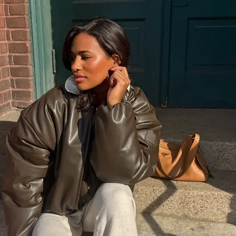 image by _kendrabailey containing woman, sit, leather jacket, brown, wear