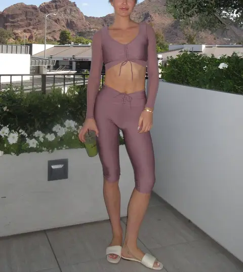 image by elliethumann containing woman, legging, purple, stand, pose