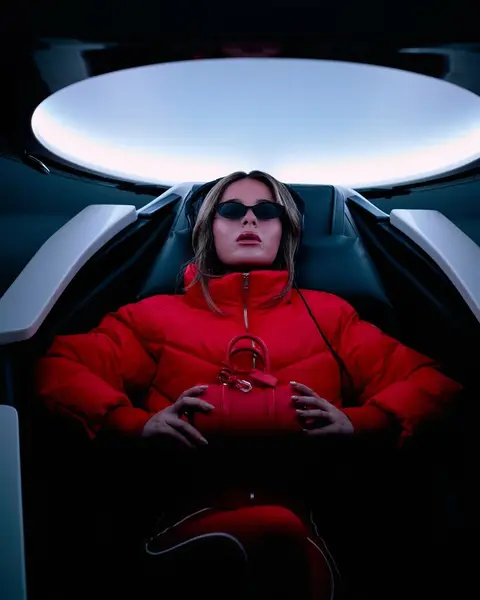 image by tessabrooks containing red, woman, sit, jacket, sunglasses