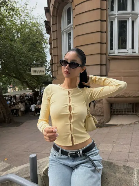 image by chaileeson containing woman, jeans, yellow, sunglasses, wear