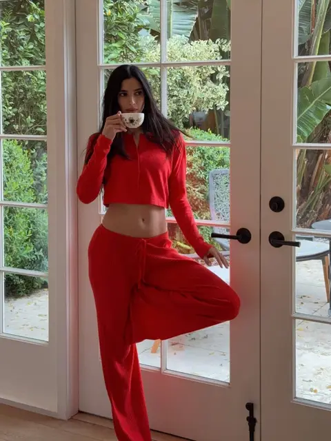 image by laurenperez containing woman, red, pant, coffee, crop top